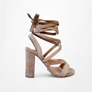 Tony Bianco Brown Suede Peep Toe Block Lace Up Gladiator Sandals Heels Size 6